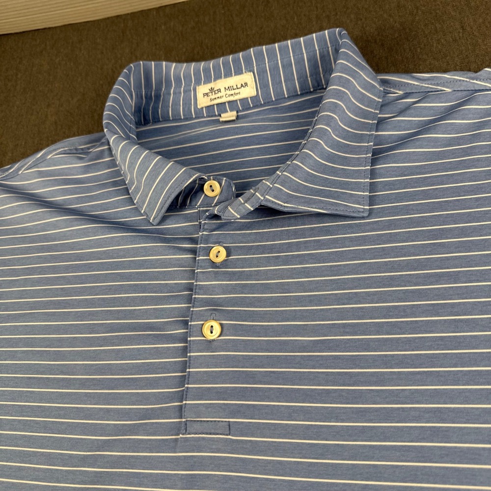 Peter Millar Summer Comfort Mens XXL Blue White Striped Golf Polo Shirt Stretch
